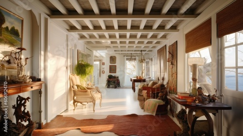 The vintage hallway corridor interior of home with antique wooden furniture and ceiling. Generative AI AIG27.