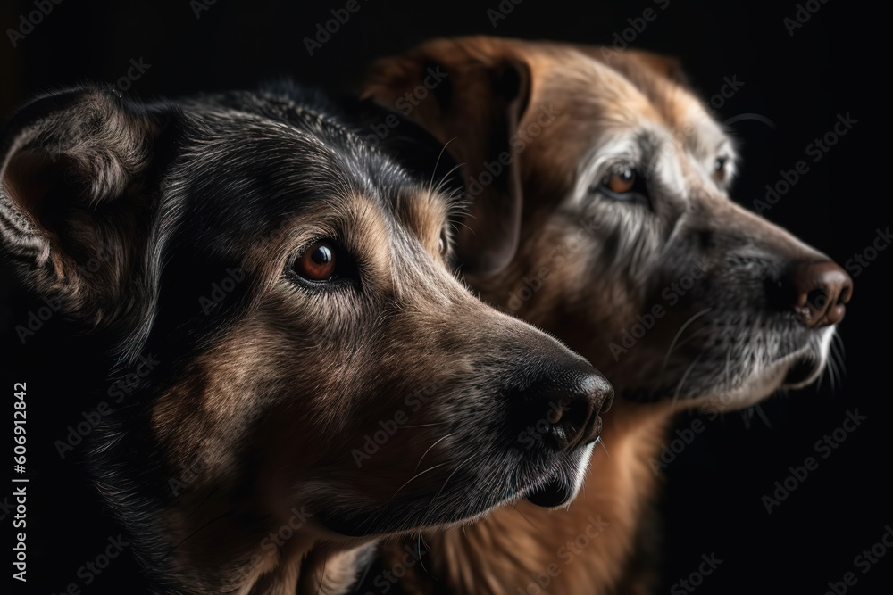 Close up portrait of young and old dogs together, Generative AI Close up portrait of young and old dogs together, Generative AI