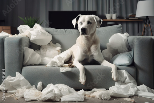 Bored young dog destroying cushions on sofa, Generative AI