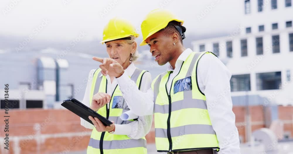 Tablet, construction site or engineering people planning or speaking of building strategy or maintenance. Mature woman, black man or architect team talking or pointing at industrial project together Tablet, construction site or engineering people planning or speaking of building strategy or maintenance. Mature woman, black man or architect team talking or pointing at industrial project together