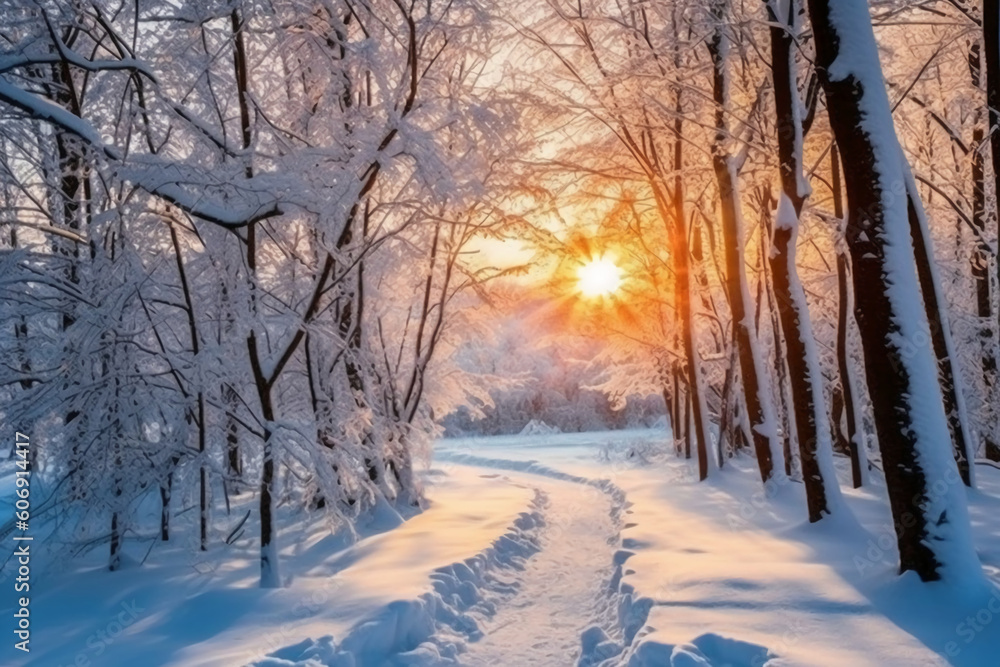 The morning sun, the white world, roads and trees covered with thick snow, snow hanging on the branches. AI generative The morning sun, the white world, roads and trees covered with thick snow, snow hanging on the branches. AI generative