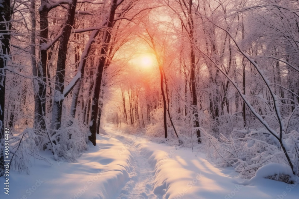 The morning sun, the white world, roads and trees covered with thick snow, snow hanging on the branches. AI generative The morning sun, the white world, roads and trees covered with thick snow, snow hanging on the branches. AI generative