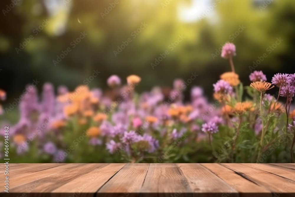 Wooden Board Table Top with Empty Space and Blurred Flower Garden Background. AI generative Wooden Board Table Top with Empty Space and Blurred Flower Garden Background. AI generative