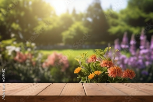 Wooden Board Table Top with Empty Space and Blurred Flower Garden Background. AI generative