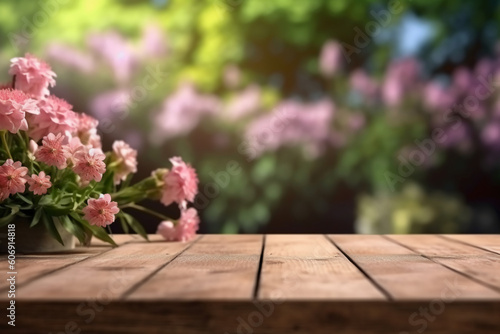 Wooden Board Table Top with Empty Space and Blurred Flower Garden Background. AI generative © SANGHYUN