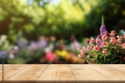 Wooden Board Table Top with Empty Space and Blurred Flower Garden Background. AI generative © SANGHYUN