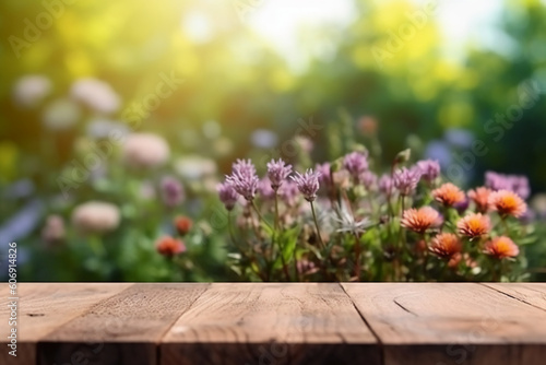 Wallpaper Mural Wooden Board Table Top with Empty Space and Blurred Flower Garden Background. AI generative Torontodigital.ca
