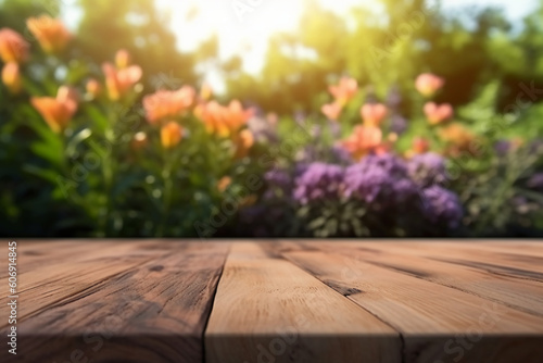 Wooden Board Table Top with Empty Space and Blurred Flower Garden Background. AI generative