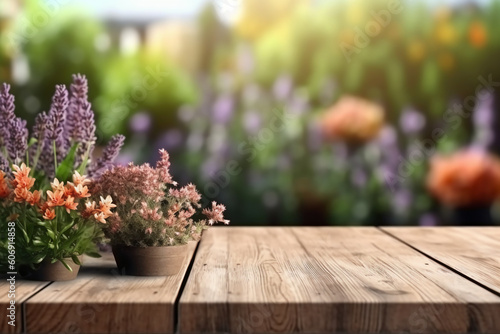 Wooden Board Table Top with Empty Space and Blurred Flower Garden Background. AI generative © SANGHYUN