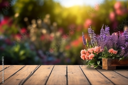 Wooden Board Table Top with Empty Space and Blurred Flower Garden Background. AI generative