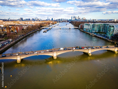 Aerial view of Battersea bridge and central London