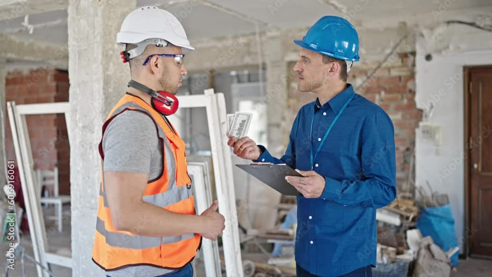 Two men builder and architect shake hands paying dollars at construction site Two men builder and architect shake hands paying dollars at construction site