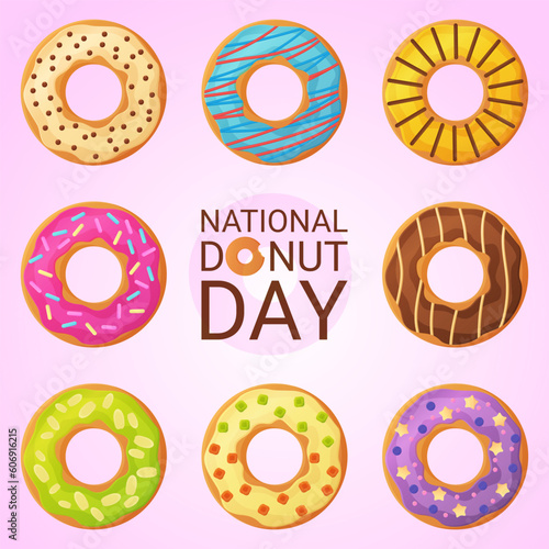 National Donut Day banner. 2 june. Stock vector illustion in flat cartoon style.