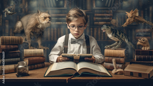 A boy reading a mysterious old book in a secret library, with fantastic creatures around him, generative ai