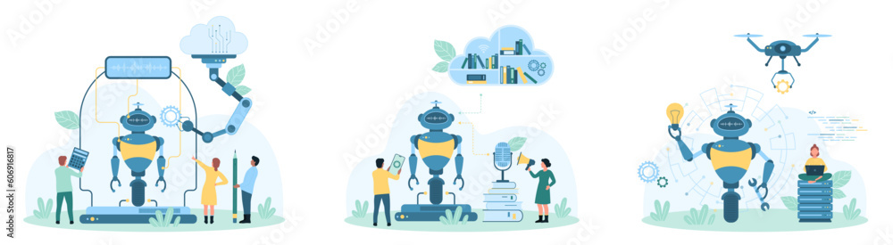 AI and algorithms, machine learning technology set vector illustration. Cartoon tiny people and supervised robotic arm create android robot, futuristic automation education process of digital brain AI and algorithms, machine learning technology set vector illustration. Cartoon tiny people and supervised robotic arm create android robot, futuristic automation education process of digital brain
