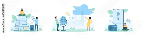 Audio podcast set vector illustration. Cartoon tiny people record, upload to cloud and listen music, radio broadcast, guide and audio books with headphones and microphone, player app on mobile phone