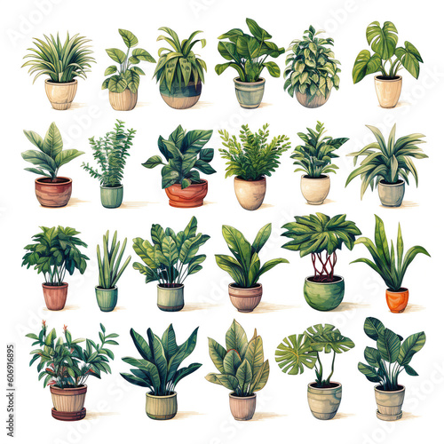 Watercolor house plants collection on white background. Botanical home garden. Natural green leaves collection of plants. Ai generative.