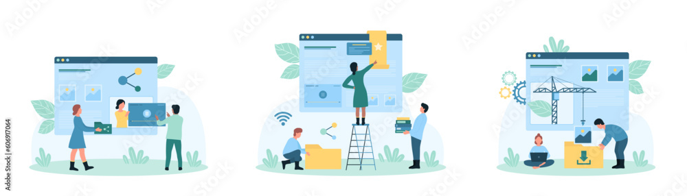 Web services set vector illustration. Cartoon tiny people add web page to favorites, share video in social media online, transfer and download backup or digital folder with files to cloud system Web services set vector illustration. Cartoon tiny people add web page to favorites, share video in social media online, transfer and download backup or digital folder with files to cloud system