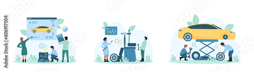 Car tire service set vector illustration. Cartoon tiny people disassembly automobiles wheel to replace winter tires  lift car  change wheel and tyre with mechanic tools and equipment of auto garage