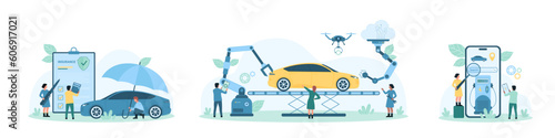 Production, insurance policy and car refueling set vector illustration. Cartoon tiny people check gas station with magnifying glass and mobile app in phone, assembly automobile on factory conveyor