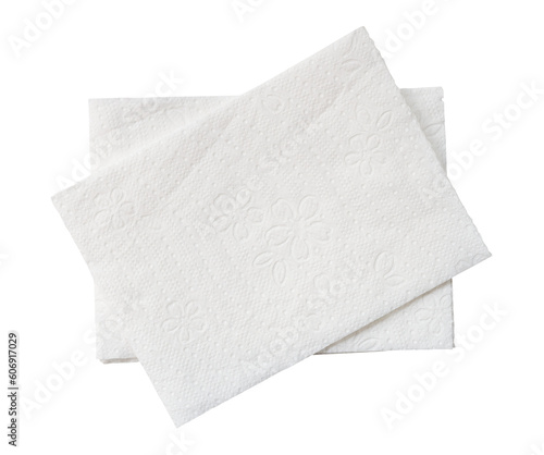 Top view of two folded pieces of white tissue paper or napkin in stack isolated on white background with clipping path in png file format
