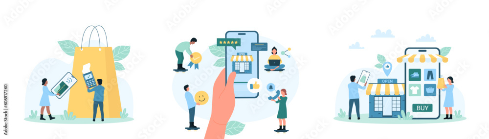 Mobile phone app for shopping and contactless payment set vector illustration. Cartoon tiny people buy clothes and shoes in catalog of retail store, search and rate product in marketplace category