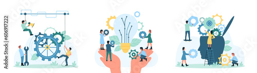 Automation of work set vector illustration. Cartoon tiny people work with gears of machine, repair cogwheels in human head, big hands holding team of employees near light bulb and parts of mechanism photo
