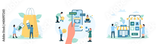 Mobile phone app for shopping and contactless payment set vector illustration. Cartoon tiny people buy clothes and shoes in catalog of retail store  search and rate product in marketplace category