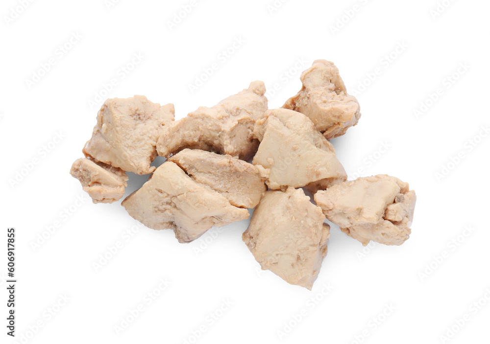 Pieces of tasty cod liver on white background, top view Pieces of tasty cod liver on white background, top view