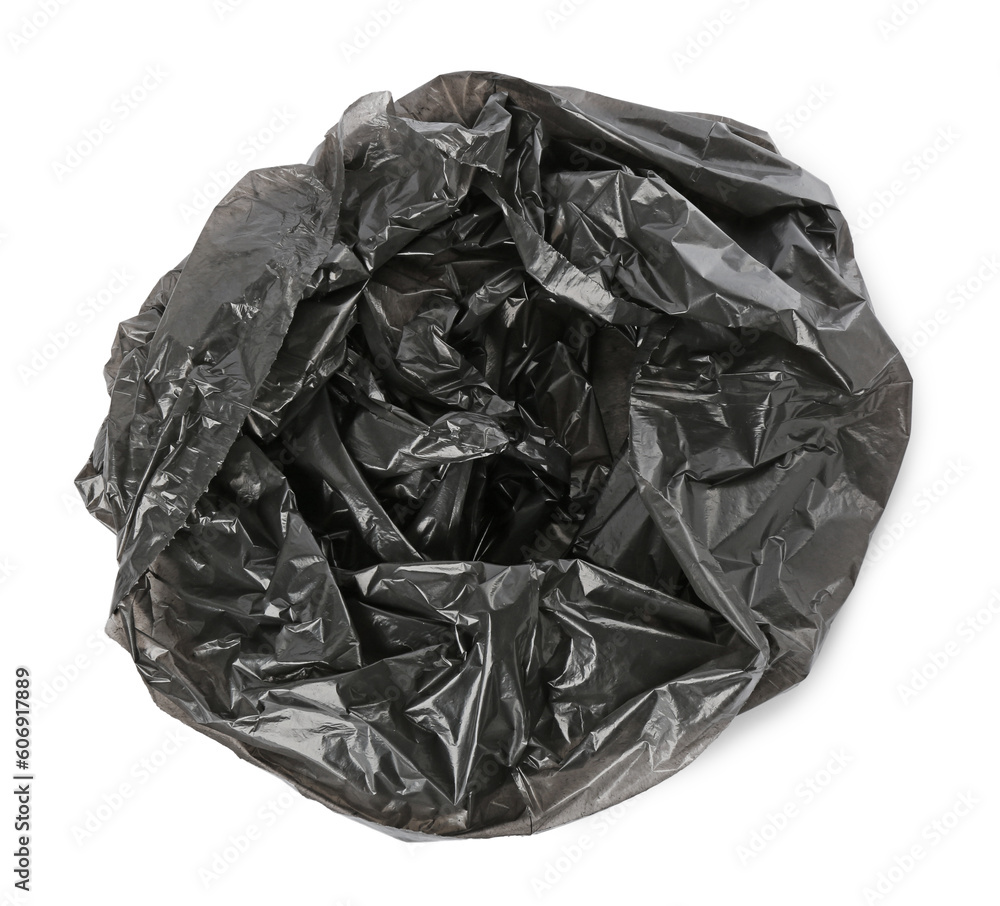 Black garbage bag isolated on white, top view