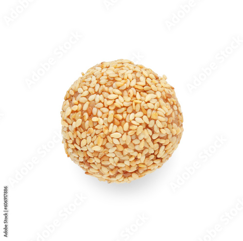 Delicious sesame ball on white background, top view