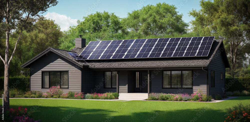 A house with eco-friendly solar panels or alternative photovoltaic installations for electricity on the roof on a sunny day. The concept of clean, sustainable and renewable energy. Generative AI. A house with eco-friendly solar panels or alternative photovoltaic installations for electricity on the roof on a sunny day. The concept of clean, sustainable and renewable energy. Generative AI.