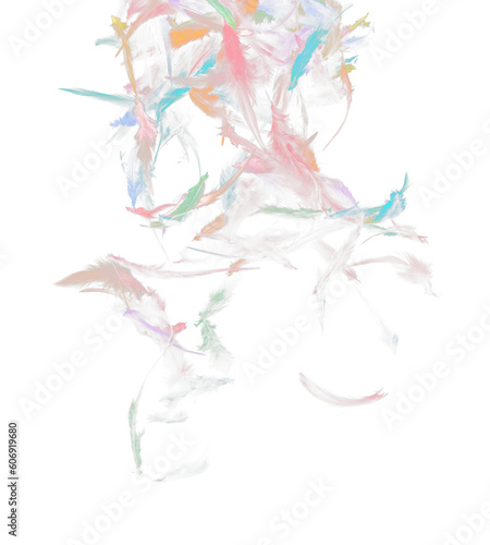 Many color Feather fly fall in Air over black background isolated. Puffy Fluffy soft feathers as purity smooth like dream floating dove in sky. Angle flying from heaven  photo motion studio lighting