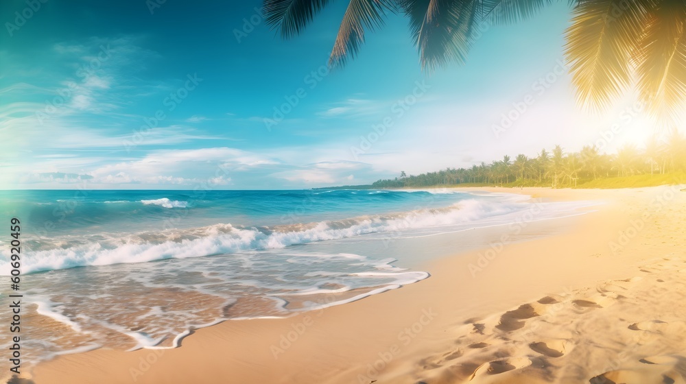 Beautiful wide panorama of a paradise beach with golden sand and palm leaves in blur. Summer banner, generative AI