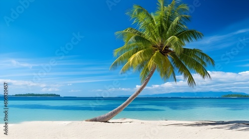 beautiful natural tropical landscape, beach with white sand and Palm tree leaned over calm wave. Turquoise ocean on background blue sky with clouds on sunny summer day, island Maldives