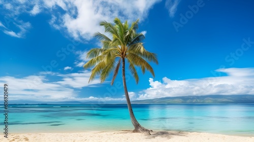 Beautiful sandy beach with white sand and rolling calm wave of turquoise ocean on Sunny day on background white clouds in blue sky. Island in Maldives  colorful natural landscape  generative AI