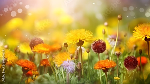 Beautiful colorful summer spring natural flower background in the form of a banner. Wildflowers and yellow dandelions on a bright sunny day with beautiful bokeh, generative AI