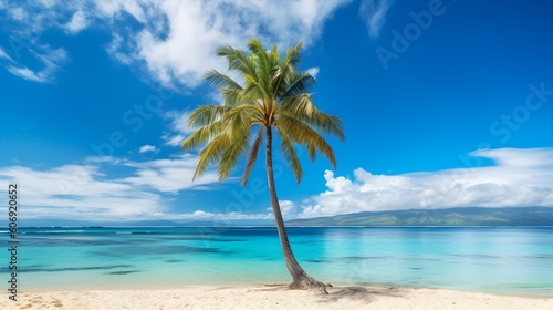 beautiful natural tropical landscape, beach with white sand and Palm tree leaned over calm wave. Turquoise ocean on background blue sky with clouds on sunny summer day, island Maldives