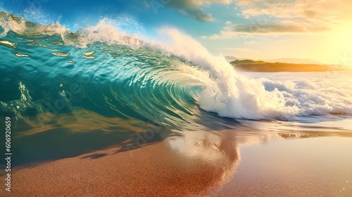 Beautiful tropical wave of summer sea surf. Soft turquoise blue ocean wave on the golden sandy beach, generative AI © Nadine