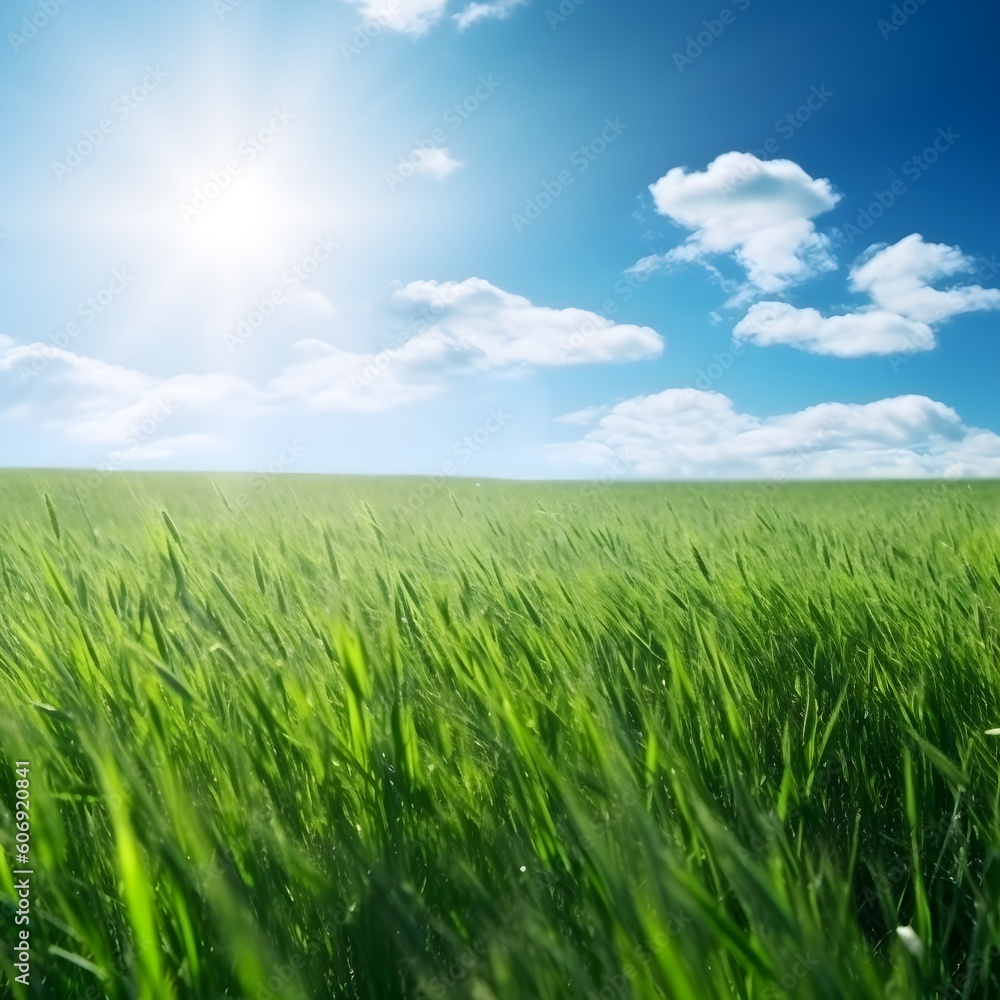 Beautiful panoramic natural landscape of a green field with grass against a blue sky with sun. Spring summer blurred background, generative AI Beautiful panoramic natural landscape of a green field with grass against a blue sky with sun. Spring summer blurred background, generative AI