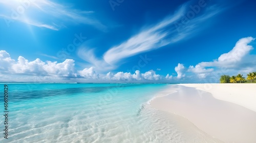Beautiful tropical wave of summer sea surf. Soft turquoise blue ocean wave on the golden sandy beach, generative AI
