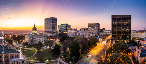 Aerial view of the South Carolina skyline at dusk in Columbia, SC. Columbia is the capital of the U.S. state of South Carolina and serves as the county seat of Richland County photo