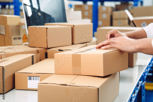 Employee preparing product boxes in warehouse Generative AI © Dyeru