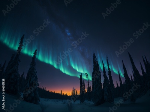 Aurora over winter forest sunset night. Generative AI 