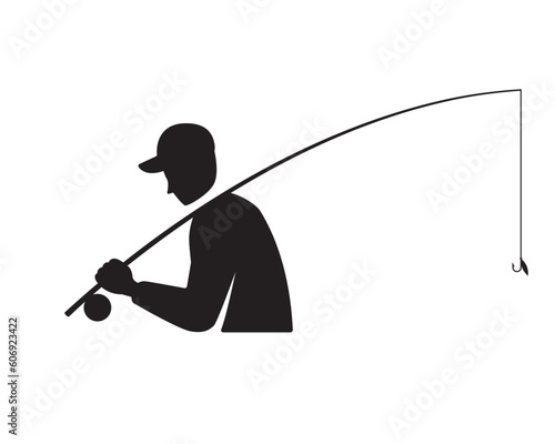 angler holding a fishing rod, fisherman symbol, Side drawing of a man wearing a cap, Silhouette of half person with outdoor gear