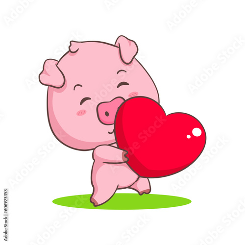 Cute pig cartoon character holding love heart. Adorable animal concept design. Isolated white background. Vector art illustration.