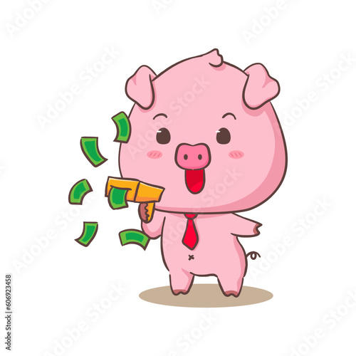 Cute pig cartoon character holding money gun. Adorable animal concept design. Isolated white background. Vector art illustration.
