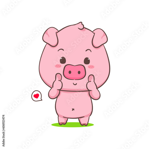 Fototapeta Naklejka Na Ścianę i Meble -  Cute pig cartoon character showing thumbs up. Adorable animal concept design. Isolated white background. Vector art illustration.