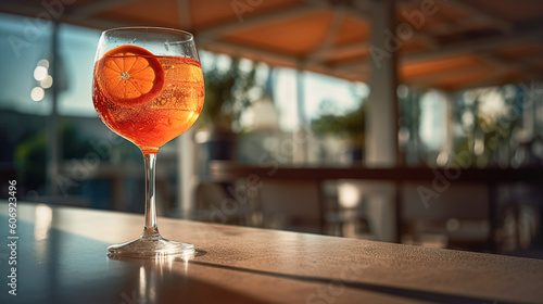 Glass of trendy Aperol Spitz or Negroni Sbagliato on table by outdoor pool. Summer refreshing tropical drink with ice for parties Generative AI photo