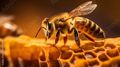 Detailed macro image of a bee collecting honey in a beehive, generative AI © Nadine